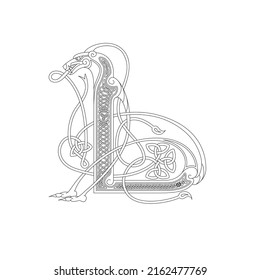 Line Drawing Of A Medieval Initial Letter L Combining Animal Body Parts From A Lion And Endless Celtic Knot Ornaments