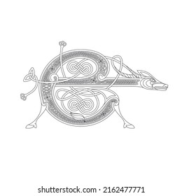 Line Drawing Of A Medieval Initial Letter E Combining Animal Body Parts From A Donkey And Endless Celtic Knot Ornaments