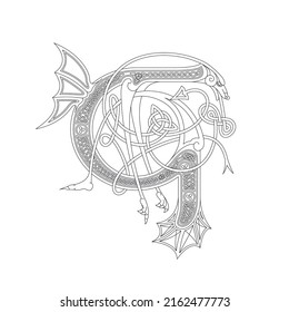 Line Drawing of a Medieval Initial Letter G combining animal body parts from a Dog and a Dragon with endless Celtic knot ornaments