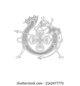 Line Drawing Of A Medieval Initial Letter V Combining Animal Body Parts From A Jackal And A Dragon With Endless Celtic Knot Ornaments