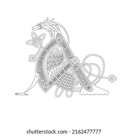 Line Drawing of a Medieval Initial Letter A combining animal body parts from an Eagle and endless Celtic knot ornaments