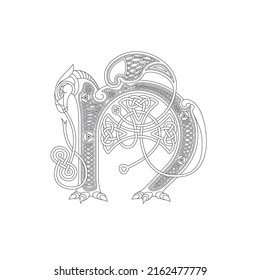 Line Drawing of a Medieval Initial Letter N combining animal body parts from a Horse and endless Celtic knot ornaments