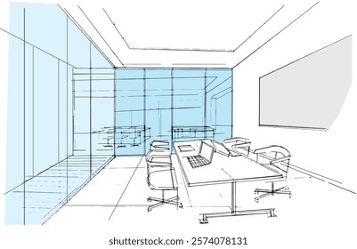 Desenho de linha de uma sala de reunião em uma empresa, ilustração 2d