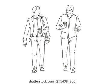 Dibujo de líneas de hombres gerente de construcción dando instrucciones al coordinador del constructor en la reunión del sitio. Concepto de negocio de arquitectura de edificios. 