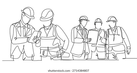Dibujo de líneas de hombres gerente de construcción dando instrucciones al coordinador del constructor en la reunión del sitio. Concepto de negocio de arquitectura de edificios. 
