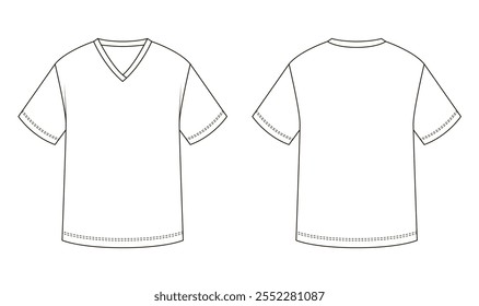 Desenho em linha de uma camiseta de pescoço V masculina com mangas curtas, retratado nas vistas frontal e traseira.