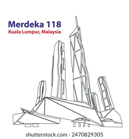 Line Drawing of Merdeka 118 Tower in Kuala Lumpur Malaysia. Outline