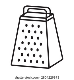 A line drawing of a metal grater with a handle on top and many small holes on its front The grater is depicted in a simple black line style