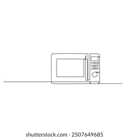 A line drawing of a microwave oven featuring a control panel with buttons and a digital screen, designed for quick and convenient meal preparation.