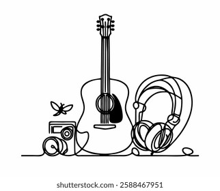 Line drawing minimalist acoustic guitar headphones camera butterfly music equipment black and white