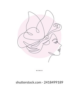 
Line drawing. Minimalist logo for a women's line. Flower head Woman line drawing illustration. Woman's face with a line of flowers. Natural organic cosmetics.