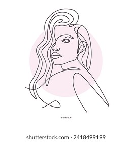
Line drawing. Minimalist logo for a women's line. Flower head Woman line drawing illustration. Woman's face with a line of flowers. Natural organic cosmetics.