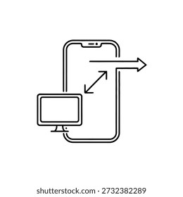 Zeilenzeichnung Mobiltelefon und Computermonitor mit Pfeilen Datenübertragungskonzept