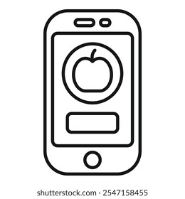 Dibujo de línea de un teléfono móvil que muestra un App de compras de comestibles en línea con un ícono de manzana