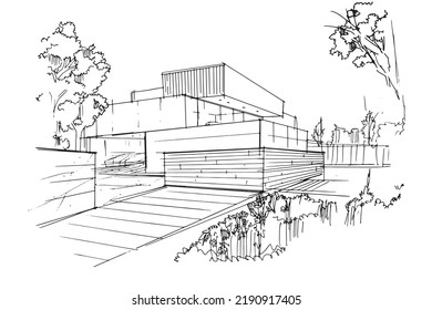 Dibujo de líneas, dibujo de arquitectura de casa moderna, ilustración de 2d