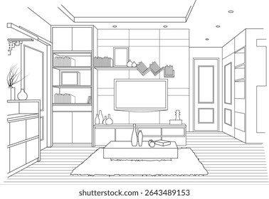 Line Drawing of a Modern Living Room Interior, An interior design line drawing illustrating a modern living room with a television set on a console table, surrounded by shelves filled with books and