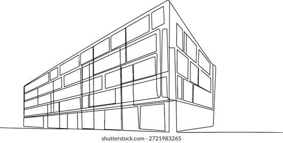Desenho de linha de um edifício moderno com vários andares com muitas janelas e forma retangular
