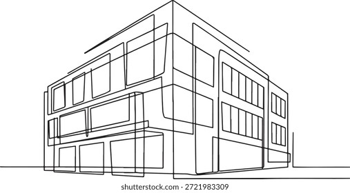 Line drawing of a modern multistory building with many windows and a flat roof one side view