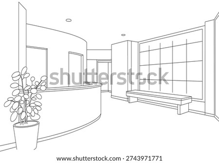 Line drawing of a modern office lobby interior with reception desk and plant