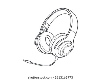 Line drawing of modern over-ear headphones. A simple, clean line drawing of a pair of over-ear headphones.