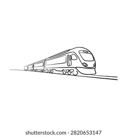 A line drawing of a modern train on railway tracks moving quickly