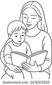 Dibujo de línea de mamá leyendo libro a niño
