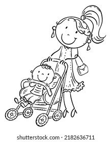 Line drawing of a mom walks with her son in a baby stroller