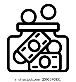 Line drawing of a money jar being filled with banknotes and coins, symbolizing saving and financial growth