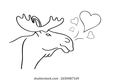 Line drawing a moose head with large antlers exhaling heart shapes on animal wildlife