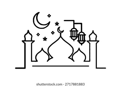 Dibujo de una mezquita con una luna creciente, estrellas y faroles, que simboliza el Ramadán o la arquitectura islámica.