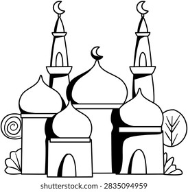 Line drawing of a mosque with domes and minarets, featuring crescent moons on top, surrounded by simple decorative elements and leaves.