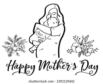 line drawing of mother and baby cute family Flower concept card mother day vector illustration 