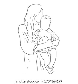 line drawing of the mother held the baby and smiled the cheek.