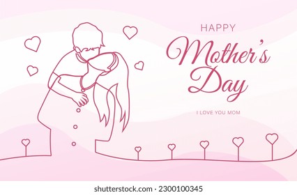 line drawing mother holding child behind, happy mother's day banner
