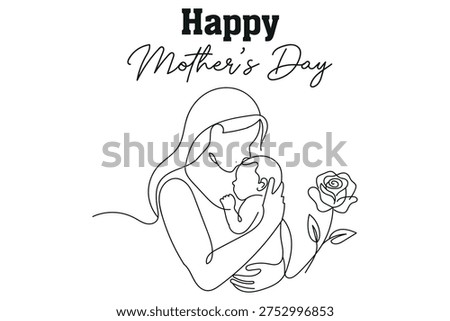 A line drawing of a mother holding her child with a rose, celebrating Mother's Day.