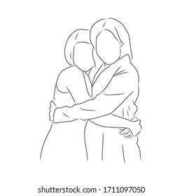 line drawing mother is hugging her daughter