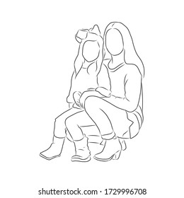 line drawing of mother hugs and plays with her child