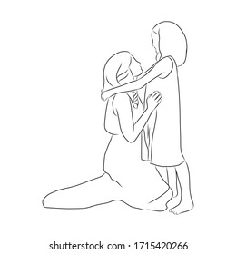 line drawing of the mother sat down and the child hugged her