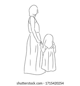 line drawing of mother is standing and holding hands with children