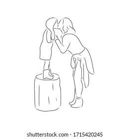 line drawing of mother standing and kissing her child