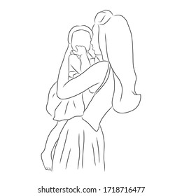 line drawing of the mother stood and hugged her child.