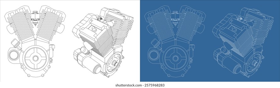 line drawing Motorcycles engine V-twin technical blueprints Illustration Side view. vector isolated on white background