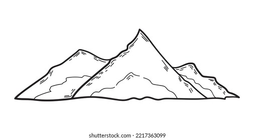 Line drawing of mountain range landscape. Hand drawn element in simple linear style. Doodle vector illustration isolated on white background.
