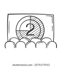 Line drawing of a movie theater screen with countdown number two.