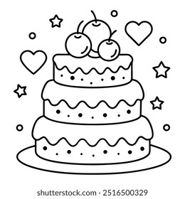 A line drawing of a multilayer cake with hearts, balloons, stars, strawberries and cherries.