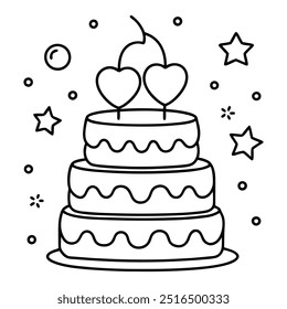 A line drawing of a multilayer cake with hearts, balloons, stars, strawberries and cherries.
