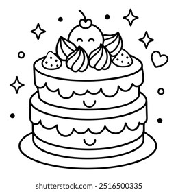 A line drawing of a multilayer cake with hearts, balloons, stars, strawberries and cherries.