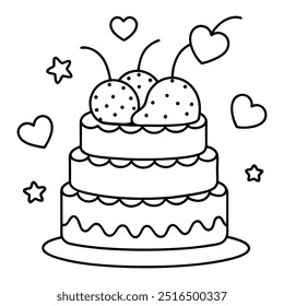 A line drawing of a multilayer cake with hearts, balloons, stars, strawberries and cherries.