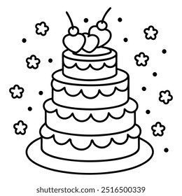 A line drawing of a multilayer cake with hearts, balloons, stars, strawberries and cherries.