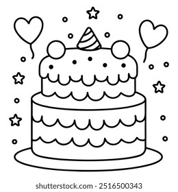 A line drawing of a multilayer cake with hearts, balloons, stars, strawberries and cherries.
